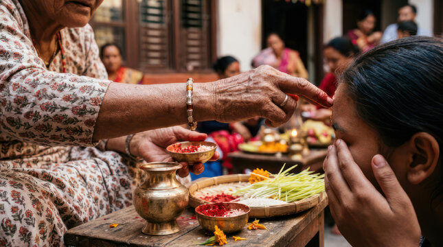 Elderly Woman Applying Red Tika to Young Womans Forehead During Festival.