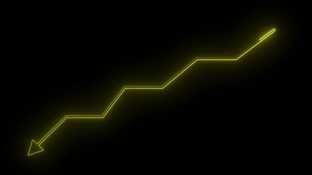 Glowing Yellow neon line arrow moving down step by step on black background, futuristic business loss decline chart diagram indicator, stock market crash decrease UI UX motion graphic video effect.
