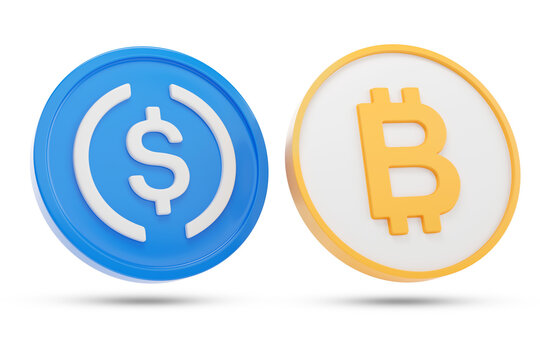 USDC and Bitcoin coins isolated on white background. 3d illustration.
