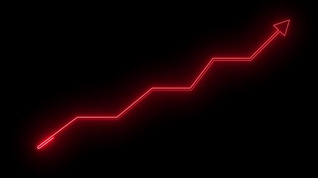 Glowing red neon line arrow moving up step by step on black background, futuristic business success growth chart diagram indicator, stock market profit increase UI UX motion graphic video effect.