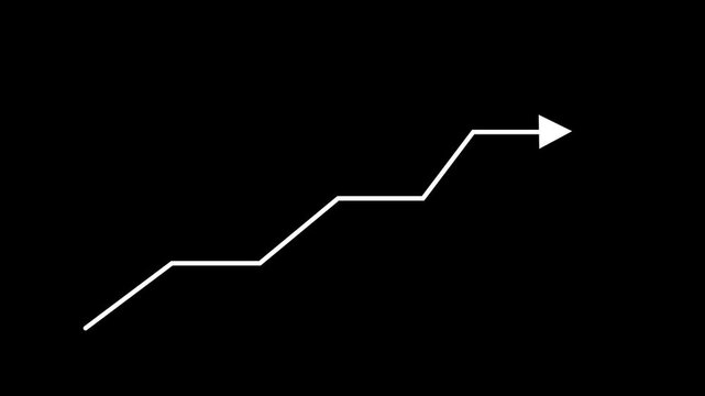 Animated white line arrow growing up step by step on black background, financial business success growth chart diagram indicator, stock market profit increase UI UX motion graphic video element.