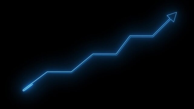 Glowing blue neon line arrow moving up step by step on black background, futuristic business success growth chart diagram indicator, stock market profit increase UI UX motion graphic video effect.