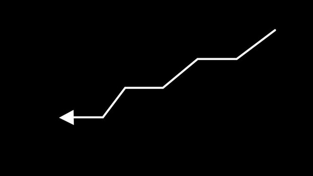 Animated white line arrow moving down step by step on black background, financial business loss decline chart diagram indicator, stock market crash decrease UI UX motion graphic video design element.