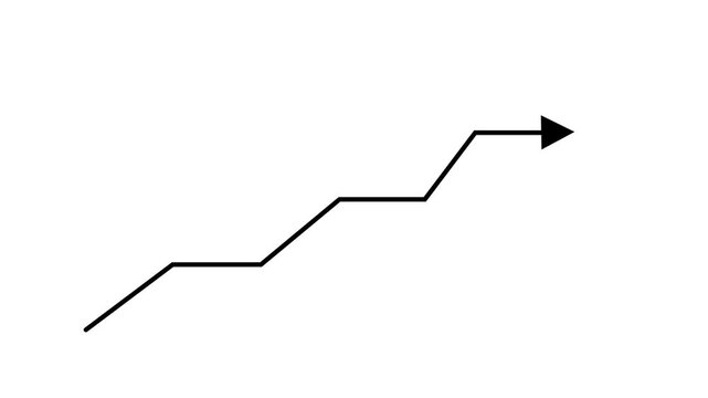 Animated black line arrow growing up step by step on white background, financial business success growth chart diagram indicator, stock market profit increase UI UX motion graphic video element.