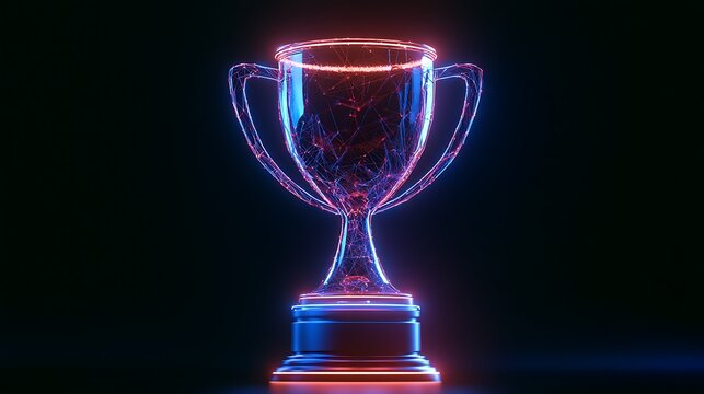 Futuristic 3d trophy with glowing red and blue digital wireframe mesh