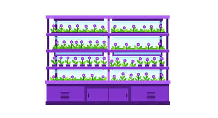 Fototapeta premium Modern Vertical Indoor Farming System with Purple Flowers and LED Grow Lights Illustration for Urban Agriculture and Sustainable Gardening