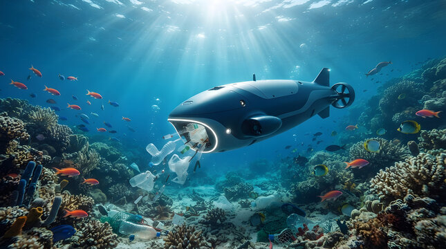 Advanced robotic underwater craft weaving through coral reef to remove plastic pollution with automated maritime technology