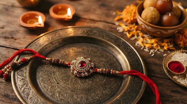 Elegant rakhi with a red gemstone on a ornate brass plate alongside diyas, sweets, and flowers for the celebration of raksha bandhan