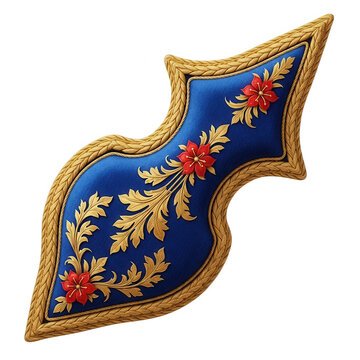 Intricate heraldic shield with floral and geometric patterns in blue and gold