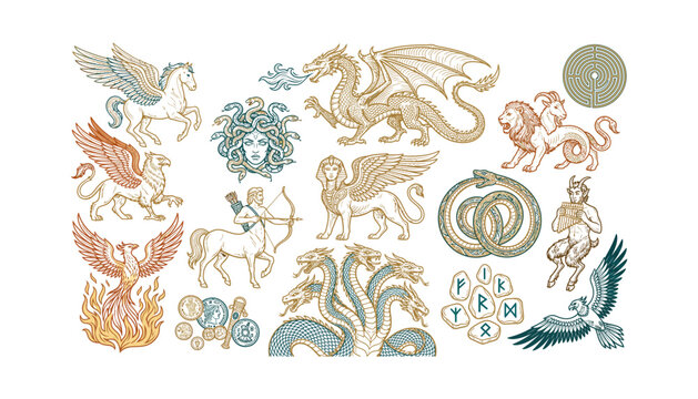 Mythological creatures and ancient legends vector line art set featuring pegasus dragon medusa griffin phoenix centaur hydra chimera and vintage fantasy folklore beasts