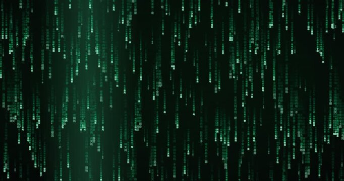 Green Han ideogram characters cascade in a 4K matrix rain animation with layered parallax effect and controlled glow.