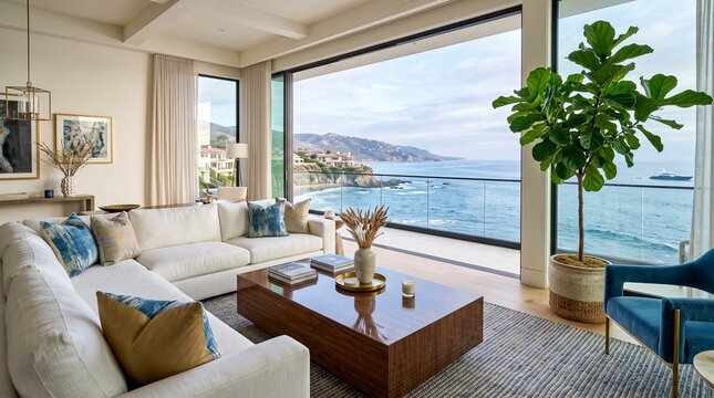 Luxury Living Room with Panoramic Ocean View and Modern Interior Design