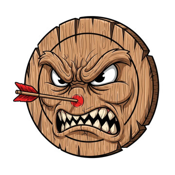 Angry wooden face with a red nose and a single tear