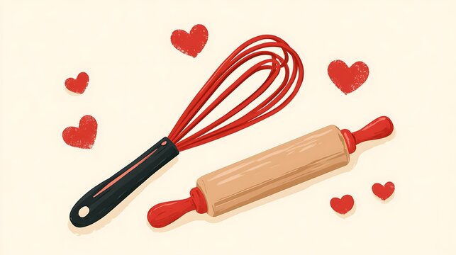Baking tools whisk and rolling pin illustration with red hearts
