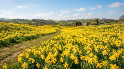 Fototapeta premium Vibrant yellow daffodil meadow under rolling green hills during sunny springtime afternoon with sunlit meadow blanketed thousands yellow daffodils stretching toward distant farmhouse rolling hills