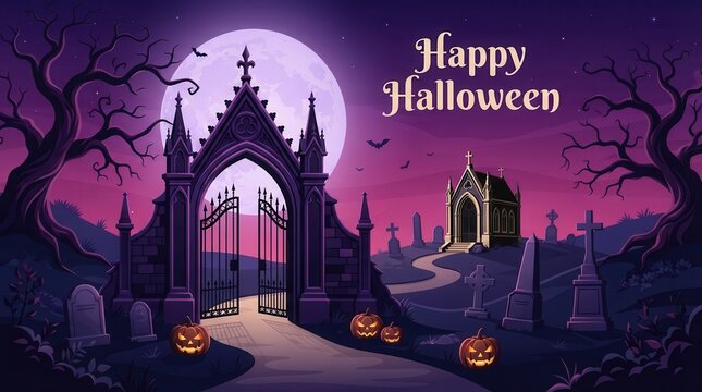 Gothic happy halloween design with dark castle gates graveyard and spooky pumpkins.