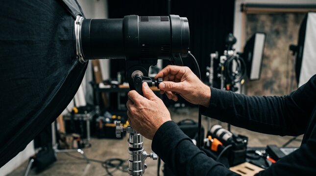 Photographer Adjusting Studio Light: Close-up of a photographer's hands meticulously adjusting a professional studio lighting setup, preparing for a creative shoot.