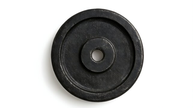 Black cast iron weight plate isolated on white background