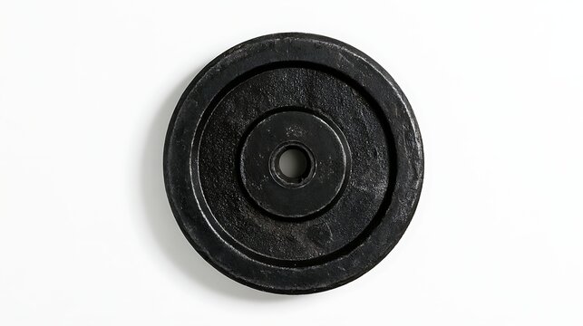 Black cast iron weight plate isolated on white background