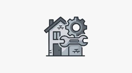 Fototapeta premium Clean Minimalist of House with Gear and Wrench Overlay in Monochrome Shades with high quality professional line art symbols for modern creative design and digital branding projects