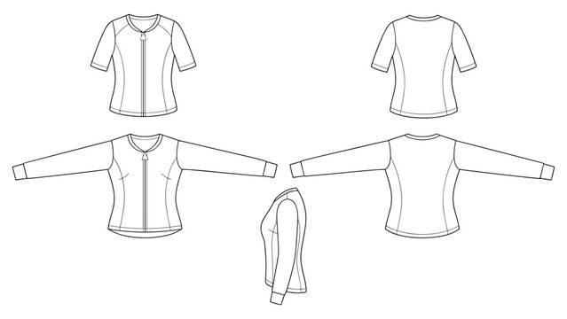Women mock neck zip up short and long sleeve jacket flat technical drawing illustration mock-up template for design tech packs fashion CAD sportswear slim fit