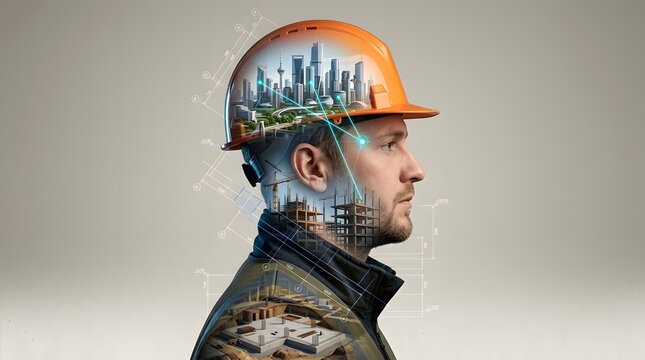 Engineer wearing hard hat with digital city architecture visualization and construction data