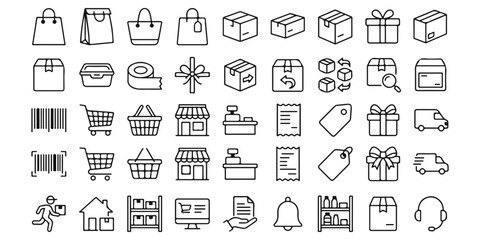 Fototapeta premium Set of hand drawn shopping and retail icons featuring bags boxes gifts and store elements in doodle style