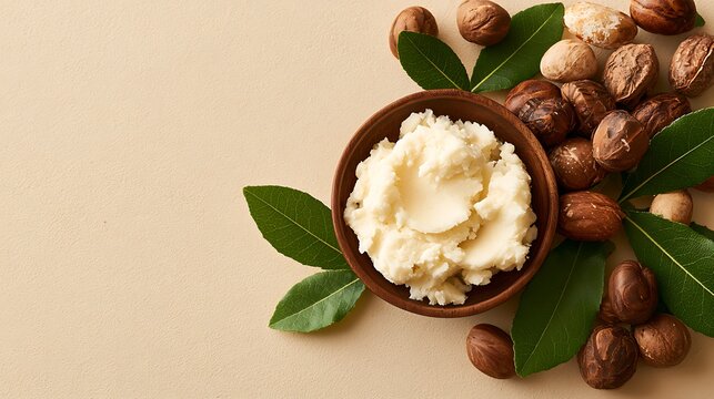 Shea butter in a wooden bowl with shea nuts and green leaves