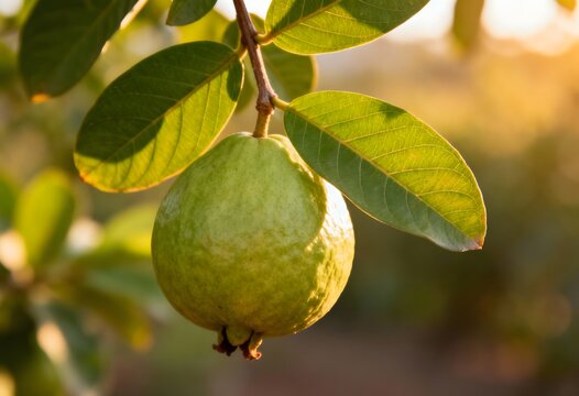 Ripe green guava fruit hanging on tree branch with vitamin c raw food tropical ripening sunlight