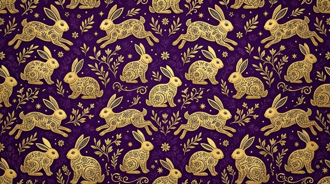 purple and gold rabbit seamless pattern luxury ornate bunnies with floral motifs elegant royal wallpaper design repeating vector textile print