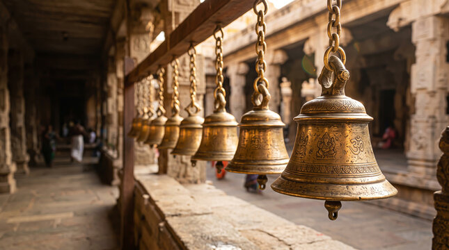 Traditional Brass Bells in South Indian Hindu Temple Corridor