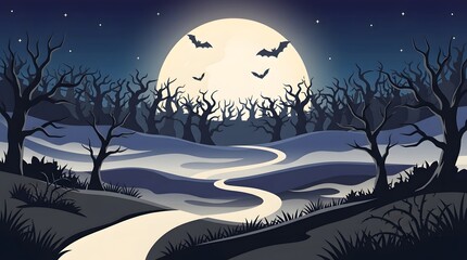 Fototapeta premium A spooky and mysterious haunted forest background featuring a large full moon with flying bats over a dark landscape