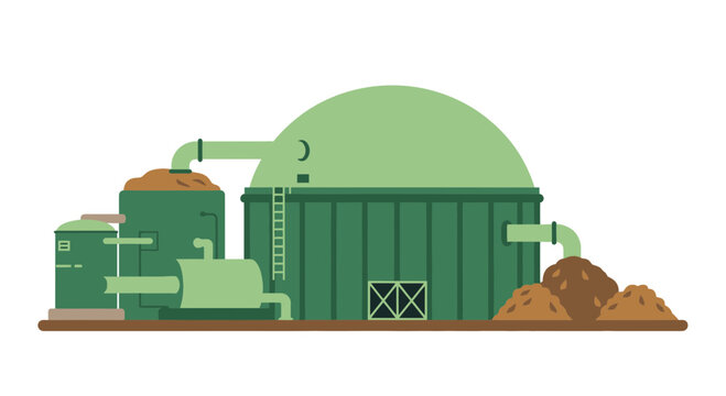 Biogas Plant Vector Illustration, Sustainable Renewable Energy Facility, Biomass and Biofuel Production Station Isolated on White
