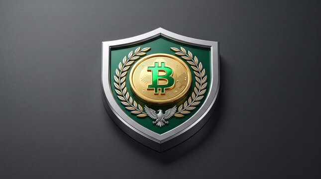 Ornate silver shield with laurel wreath framing golden bitcoin logo on dark background represents sovereign wealth protection and crypto asset safety.