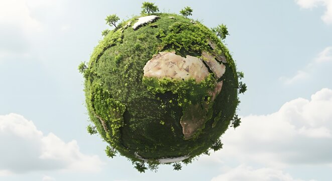 Floating planet earth covered in lush green trees with earth friendly nature lover environment