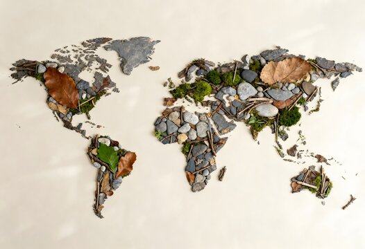World map collage created from natural stones leaves and forest moss with earth day, dry leaves
