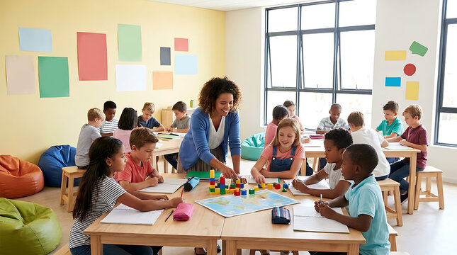 Teacher helping primary school children with learning exercises and building blocks on wooden desk in classroom setting.