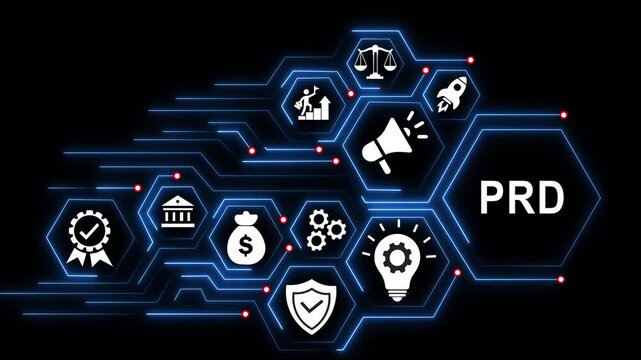 Prd product requirements document concept with digital hexagon network and glowing blue data lines business strategy
