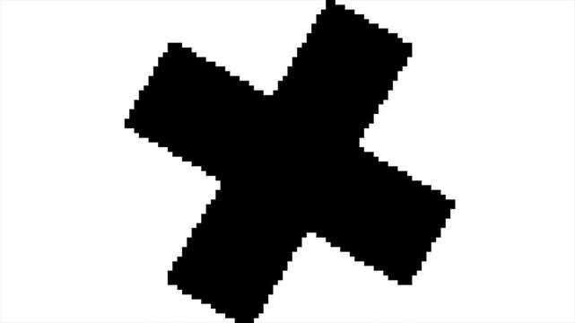 Pixelated rotating cross symbol transition for medical healthcare or digital math concept background 4k video
