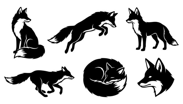 Fox vector silhouette icon set featuring animals in various poses including sitting jumping running standing curled sleeping and detailed head profiles for wildlife graphic layouts