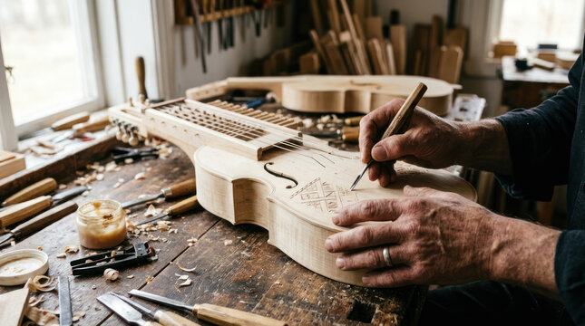 Craftsman meticulously carving a wooden musical instrument with precision tools 1.