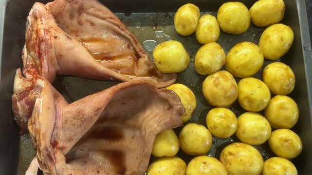 Marinated pork ears with new potatoes arranged on a baking sheet before roasting, home cooking, savory meal preparation, hearty food.