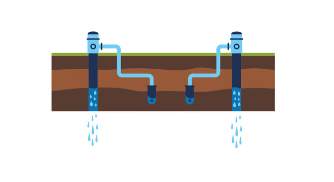 Flat Vector Illustration of Underground Groundwater Well Extraction System with Pipes and Soil Cross Section