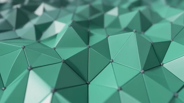 Abstract geometric terrain with soft emerald green polygons and dynamic camera tilt down