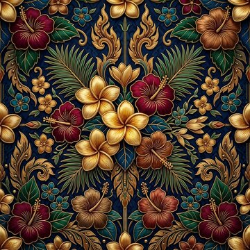 Ornate Traditional Thai Kanok Floral and Tropical Plumeria Hibiscus Symmetry Fabric Pattern on Dark Blue
