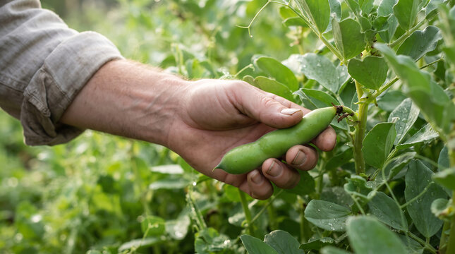 Farmer hand holding fresh green broad bean pod in garden picking harvest organic vegetable plant agricultural produce natural healthy food.