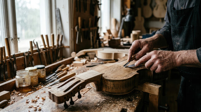 Luthier working on a violin in his workshop sanding the wood.