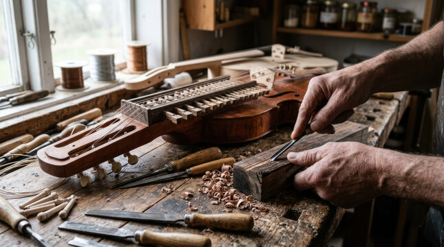 Luthier working on a wooden instrument in a workshop.