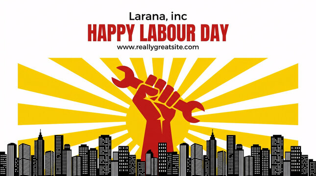 A red fist holding a wrench rises prominently against a bright yellow burst sun pattern above a silhouette of city buildings Isolated on transparent background