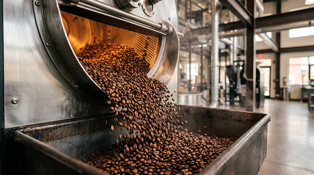 Freshly roasted coffee beans pouring out of industrial roaster machine into metal cooling tray bin inside commercial coffee roastery factory with roasting, industrial